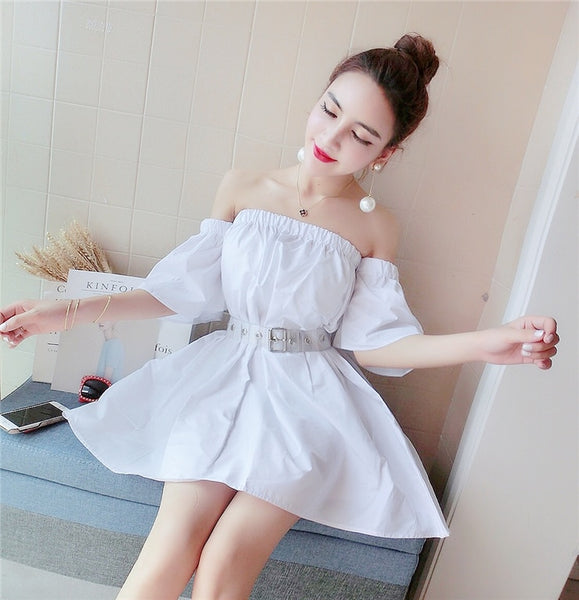 Indie folk style 2020 summer Korean temperament off-shoulder short flare sleeve waist A-line with sashes big swing female dress