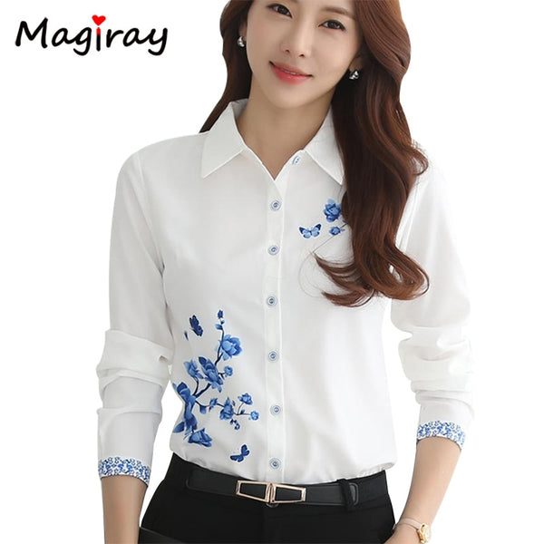 Long Sleeve Blue butterfly Flower Print Blouse Women 2019 Summer fall Top Elegant Work Office Plus Size Shirt White Blouse C181